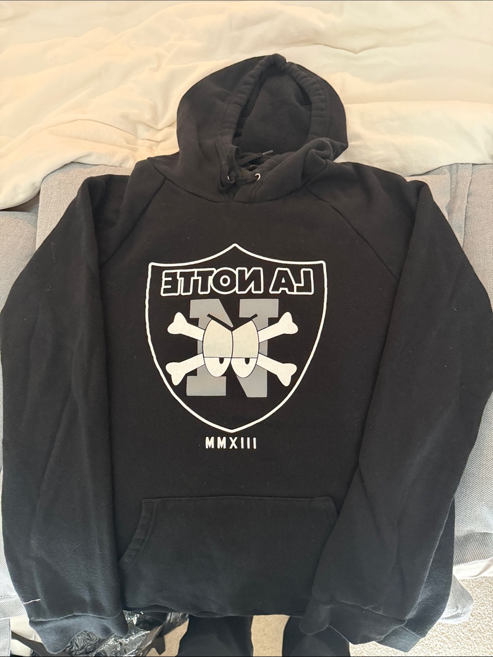 Aritzia Black Pullover Hoodie with White & Gray Shield Graphic